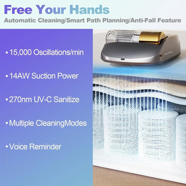 Alt view image 2 of 7 - Cordless Rechargeable X1 Bed Vacuum Robot 1-Click Deep Cleaning,Mattress Vacuum Cleaner 14AW Strong Suction 270nm Deep Ultraviolet Lamp,Specially Designed for Mattresses,Auto for Pet Hair and Dust