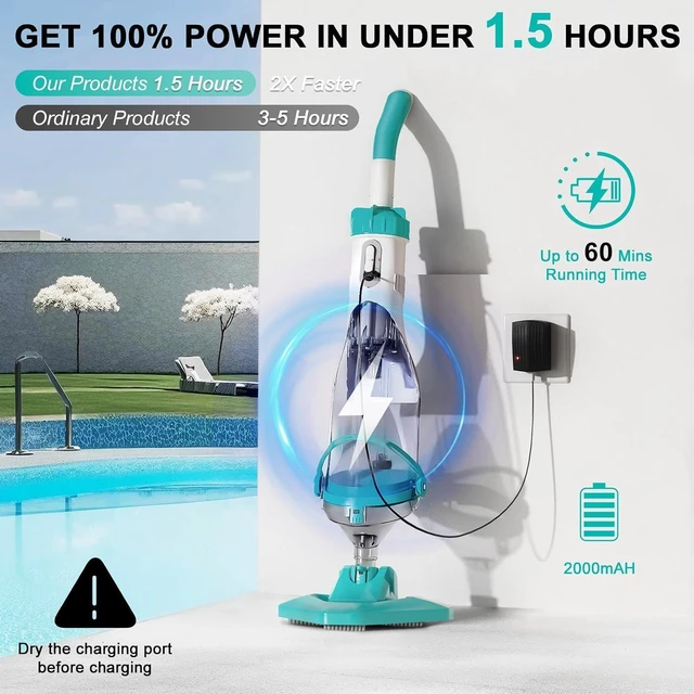 Alt view image 5 of 7 - Cordless Pool Vacuum for Above Ground Pool, 19 GPM Handheld Spa Hot Tub Vacuum Cleaner with 60" Extendable Pole, 60 Min Running Time, Ideal for Sand Underwater and Cleaning Debris