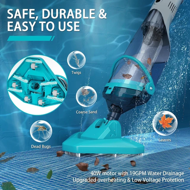 Alt view image 2 of 7 - Cordless Pool Vacuum for Above Ground Pool, 19 GPM Handheld Spa Hot Tub Vacuum Cleaner with 60" Extendable Pole, 60 Min Running Time, Ideal for Sand Underwater and Cleaning Debris