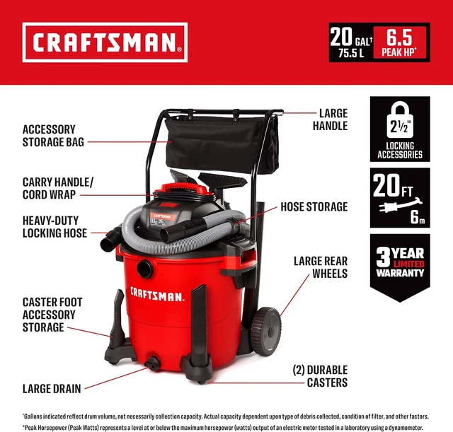 Alt view image 2 of 7 - CRAFTSMAN CMXEVBE17656 20 Gallon 6.5 Peak HP Wet Dry Shop Vacuum with Cart