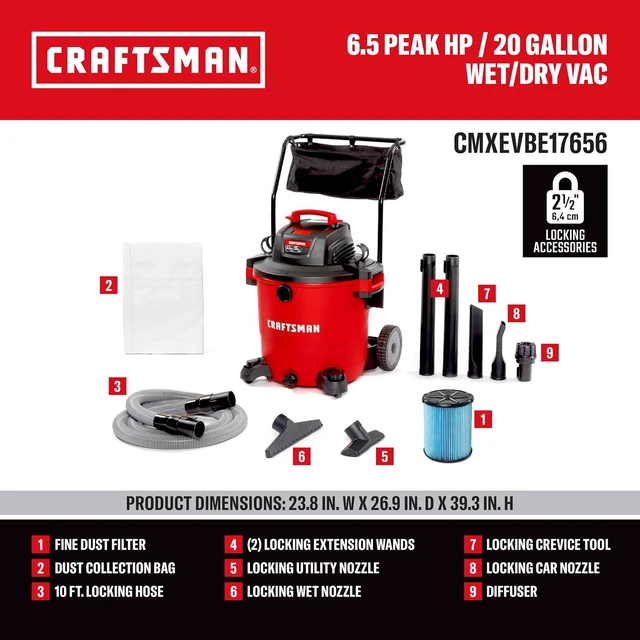 Alt view image 3 of 7 - CRAFTSMAN CMXEVBE17656 20 Gallon 6.5 Peak HP Wet Dry Shop Vacuum with Cart