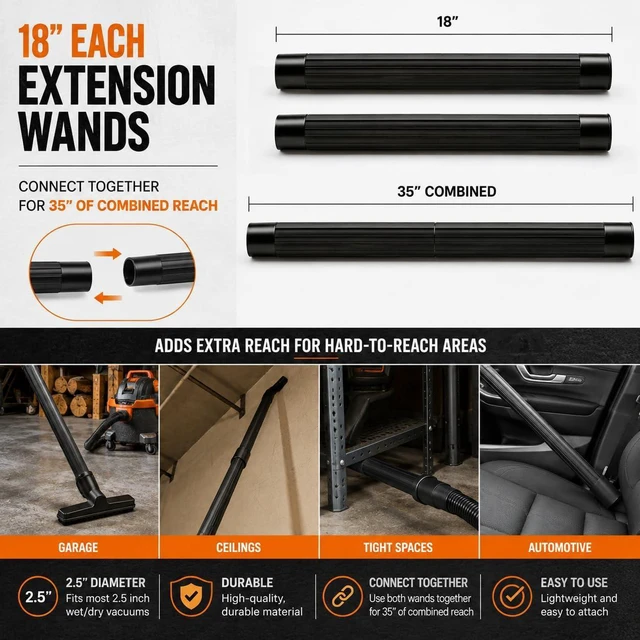 Alt view image 3 of 4 - Replacement 2 1/2" Accessories for Shop Vac Attachments 2.5 Wet Dry Vacuum Extension Wands, Floor Brush, Dust Brush, Crevice Tool, Utility Nozzle, and Hose Kit for Shop Vacs (2 Wands)