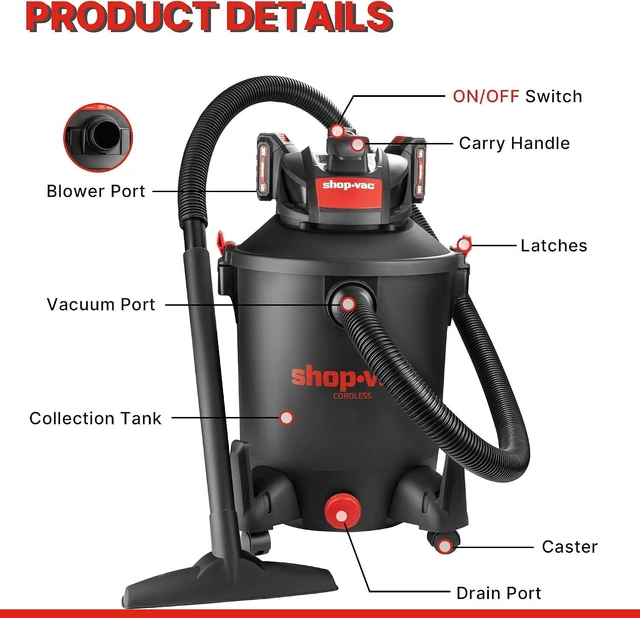 Alt view image 4 of 7 - Shop-Vac 5430031 10 Gallon 20V Cordless Wet/Dry Vacuum with 1.5-inch x 7-Foot Hose, Includes (2) Extension Wands, Cartridge Filter, Collection Bag, and Foam Sleeve