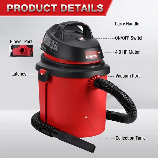 Alt view image 4 of 7 - Shop-Vac 4 Gallon 4.0 Peak HP Wet/Dry Vacuum, Wall Mounted, Blower
