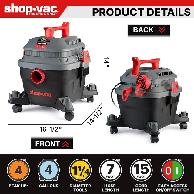 Alt view image 3 of 7 - Shop-Vac 5430096 4 Gallon 4 Peak HP Wet/Dry Vacuum with Blower Function