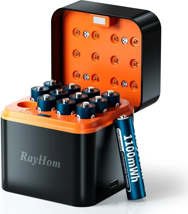 Main image of 12-Pack 1100mWh Rechargeable Lithium AAA Batteries with 12 Slot Charger