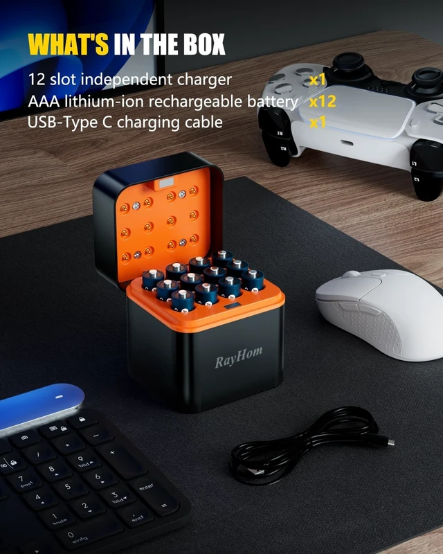 Alt view image 7 of 7 - 12-Pack 1100mWh Rechargeable Lithium AAA Batteries with 12 Slot Charger