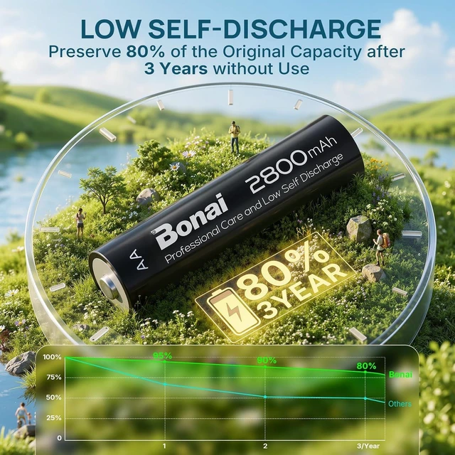 Alt view image 3 of 6 - BONAI Rechargeable AA Batteries High-Capacity 2800mAh, Recharge up to 1200x Times, NiMH Battery Low Self Discharge Pre-Charge Double AA Battery 24 Count