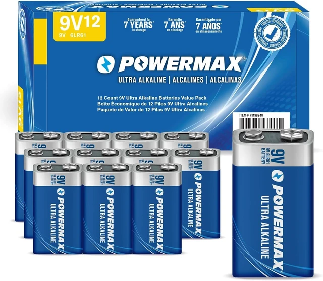 Main image of Powermax 12-Count 9V Batteries, Ultra Long Lasting Alkaline Battery for Home and Office, 7-Year Shelf Life, Reclosable Packaging