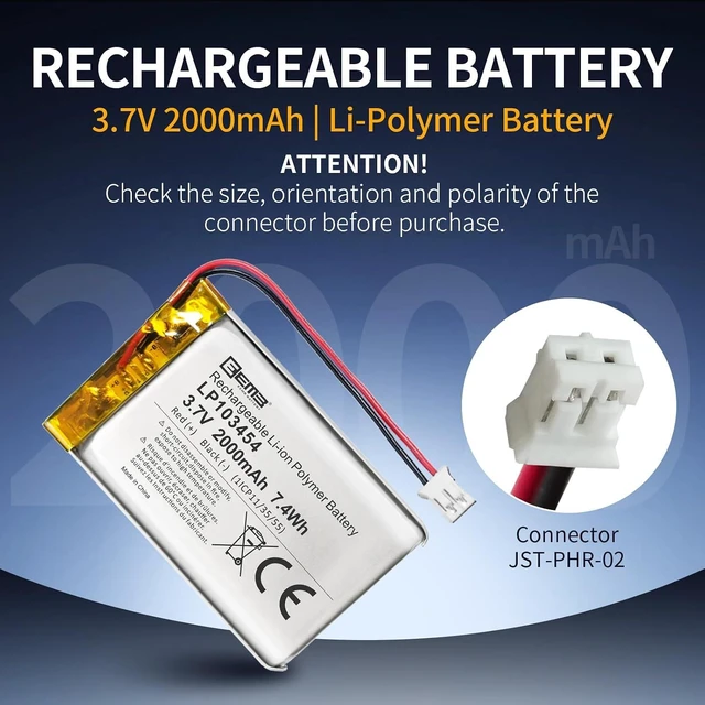 Alt view image 3 of 7 - EEMB 3.7V 103454 2000mAh Lipo Battery Rechargeable JST 2.0mm 1-Pack