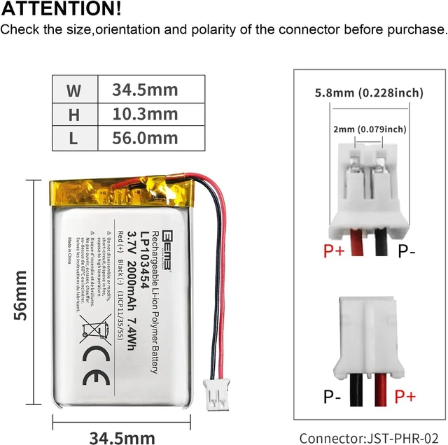 Alt view image 2 of 7 - EEMB 3.7V 103454 2000mAh Lipo Battery Rechargeable JST 2.0mm 1-Pack
