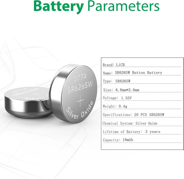 Alt view image 2 of 7 - LiCB 20 Pack SR626SW 377 626 Watch Battery 1.5V Button Cell Batteries