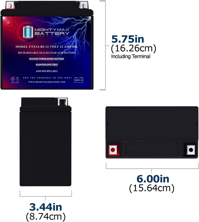 Alt view image 2 of 7 - Mighty Max Battery YTX14-BS Replacement for ATV HONDA TRX 500 Rubicon Foreman Rancher