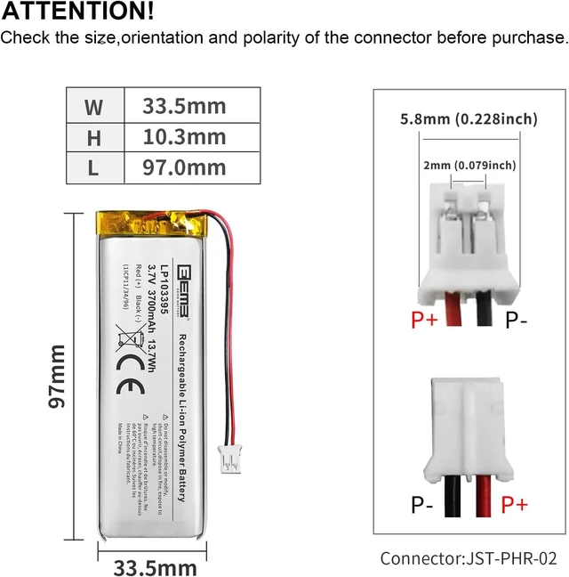Alt view image 3 of 7 - EEMB 3.7V 103395 3700mAh Lipo Battery Rechargeable JST 2.0mm, 1-Pack