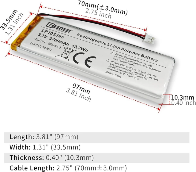 Alt view image 4 of 7 - EEMB 3.7V 103395 3700mAh Lipo Battery Rechargeable JST 2.0mm, 1-Pack