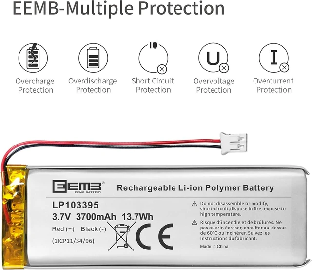 Alt view image 6 of 7 - EEMB 3.7V 103395 3700mAh Lipo Battery Rechargeable JST 2.0mm, 1-Pack