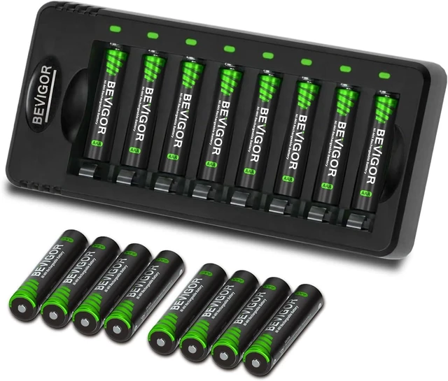 Main image of BEVIGOR 8 Bay AA AAA Battery Charger+16AAA, Independent Slot Charger with LED Light, USB High Speed Charging, for Ni-MH Ni-CD Rechargeable Batteries, No Adapter
