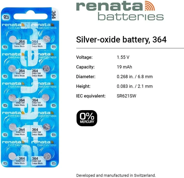 Alt view image 2 of 7 - Renata 364 SR621SW Batteries - 1.55V Silver Oxide 364 Watch Battery (100 Count)