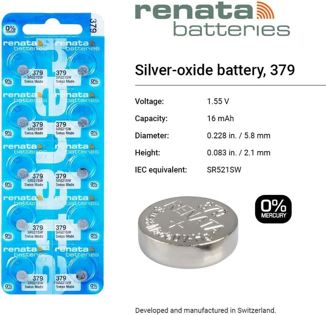 Alt view image 2 of 7 - Renata 379 SR521SW Batteries - 1.55V Silver Oxide 379 Watch Battery (100 Count)