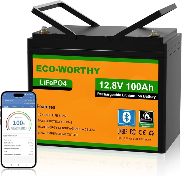 Main image of ECO-WORTHY 12V 100AH LiFePO4 Lithium Battery with Bluetooth, Max.1280Wh Energy, Low Temperature Protection, Group 24, Built-in 100A BMS, Perfect for Trolling Motor, RV, Boat, Solar Off-Grid