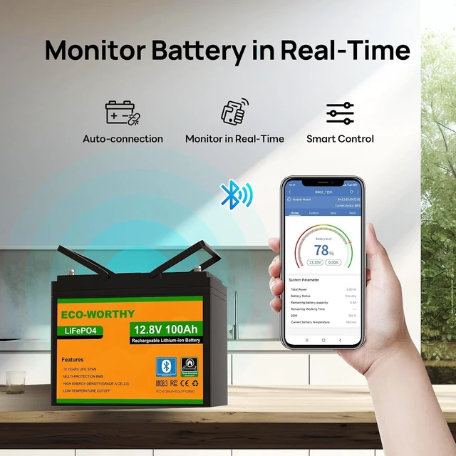 Alt view image 2 of 7 - ECO-WORTHY 12V 100AH LiFePO4 Lithium Battery with Bluetooth, Max.1280Wh Energy, Low Temperature Protection, Group 24, Built-in 100A BMS, Perfect for Trolling Motor, RV, Boat, Solar Off-Grid