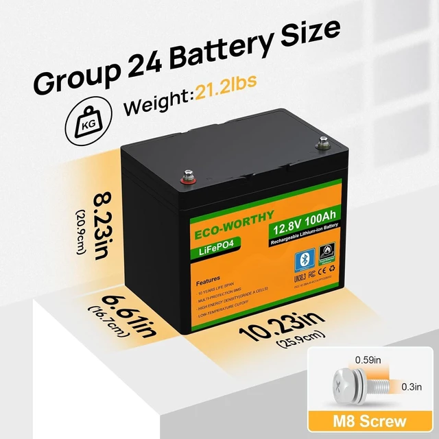 Alt view image 7 of 7 - ECO-WORTHY 12V 100AH LiFePO4 Lithium Battery with Bluetooth, Max.1280Wh Energy, Low Temperature Protection, Group 24, Built-in 100A BMS, Perfect for Trolling Motor, RV, Boat, Solar Off-Grid