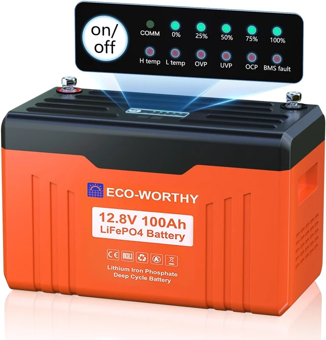 Main image of ECO-WORTHY 12V 100AH LiFePO4 Battery with SOC Display Flame-Retardant