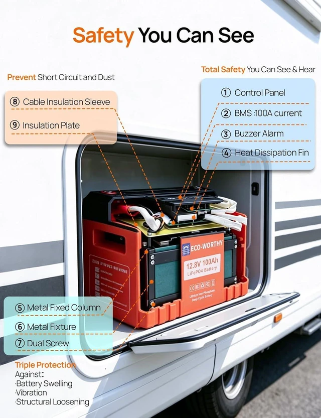 Alt view image 2 of 7 - ECO-WORTHY 12V 100AH LiFePO4 Battery with SOC Display Flame-Retardant