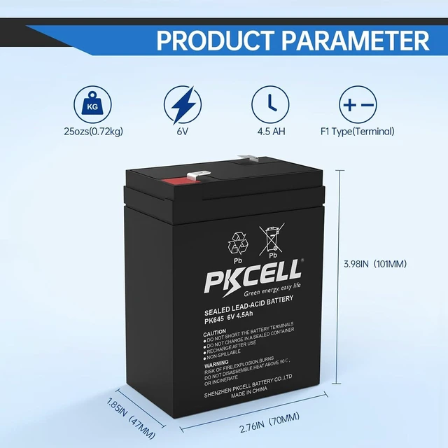 Alt view image 2 of 7 - PKCELL 6 Volt 4.5Ah Rechargeable Sealed Lead Acid Battery