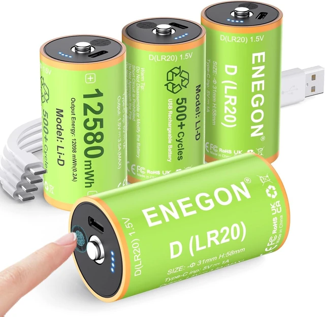 Main image of ENEGON Rechargeable Lithium D Batteries 4 Pack, 12580mWh USB-C Charge