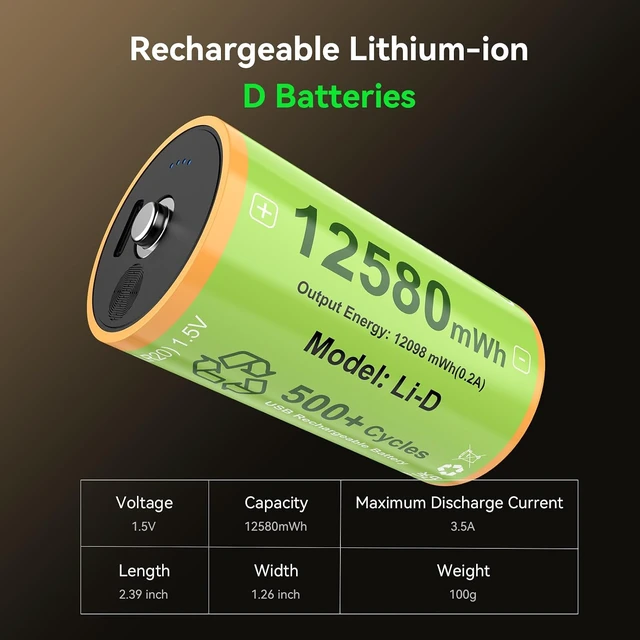 Alt view image 4 of 7 - ENEGON Rechargeable Lithium D Batteries 4 Pack, 12580mWh USB-C Charge