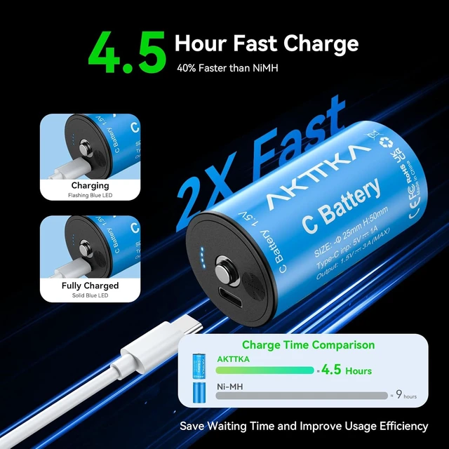 Alt view image 4 of 7 - Rechargeable C Batteries 4 Pack 7400mWh Lithium LR14 500+ Cycles
