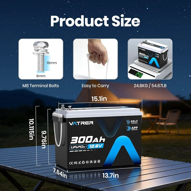 Alt view image 2 of 7 - 12.8V 300Ah Self-Heating LiFePO4 Lithium Battery with APP Monitoring