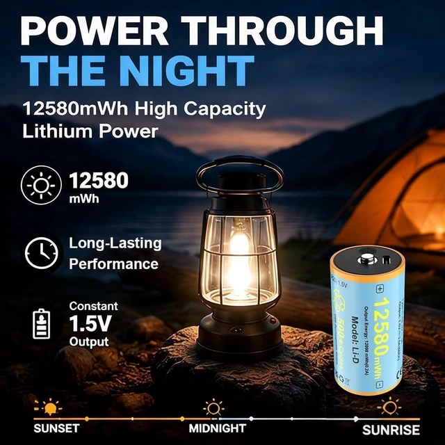 Alt view image 3 of 7 - 4 Pack Rechargeable D Batteries, 1.5V Lithium LR20, 500+ Cycles