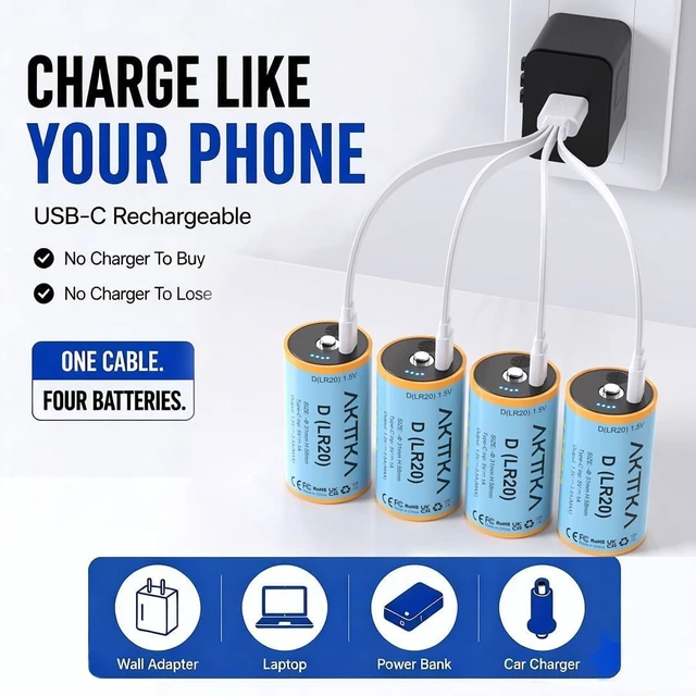 Alt view image 5 of 7 - 4 Pack Rechargeable D Batteries, 1.5V Lithium LR20, 500+ Cycles