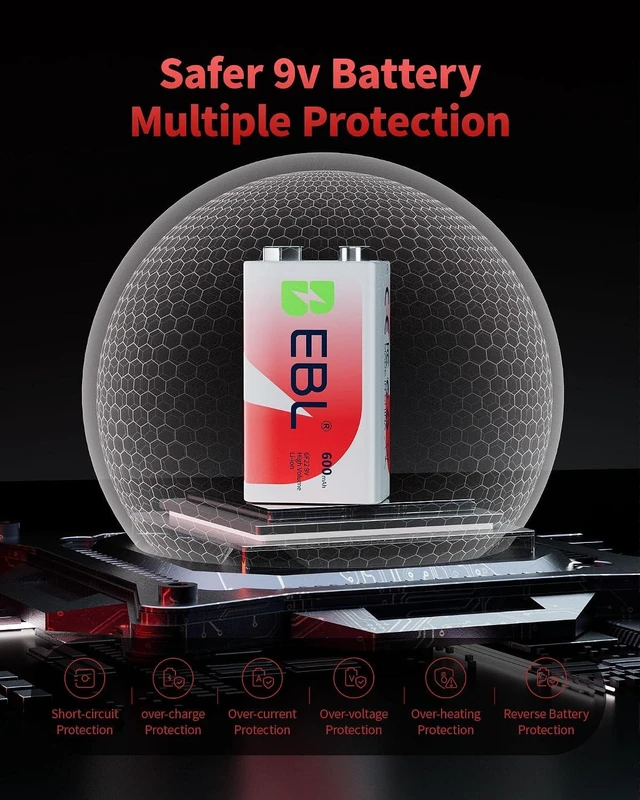 Alt view image 3 of 7 - EBL Rechargeable 9V Batteries 9 Volt Li-ion 600mAh Lithium ion Batteries (4-Packs)