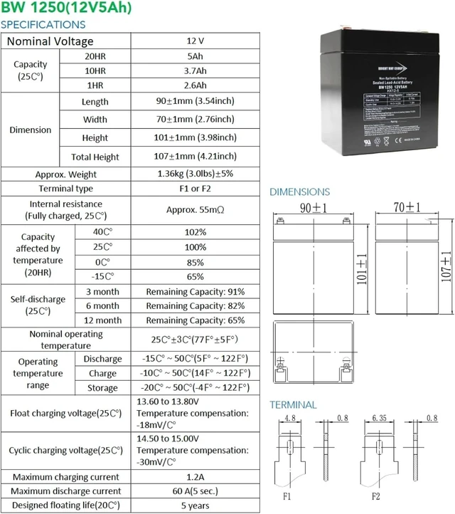 Alt view image 6 of 7 - Leoch Battery DJW12-4.5 Compatible Battery, 12V 5Ah 1 BW1250-F1