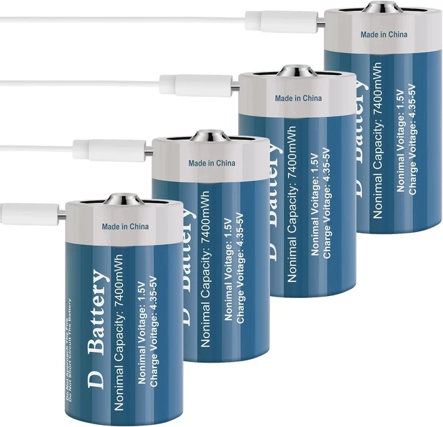 Main image of Rechargeable D Batteries 4 Pack, Long-Lasting 1.5V 7400mWh Lithium D Size Battery with USB Charging Cable
