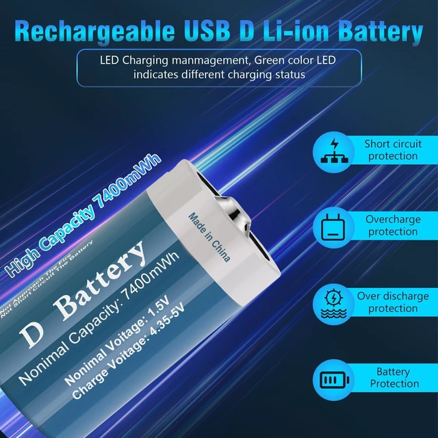 Alt view image 4 of 7 - Rechargeable D Batteries 4 Pack, Long-Lasting 1.5V 7400mWh Lithium D Size Battery with USB Charging Cable