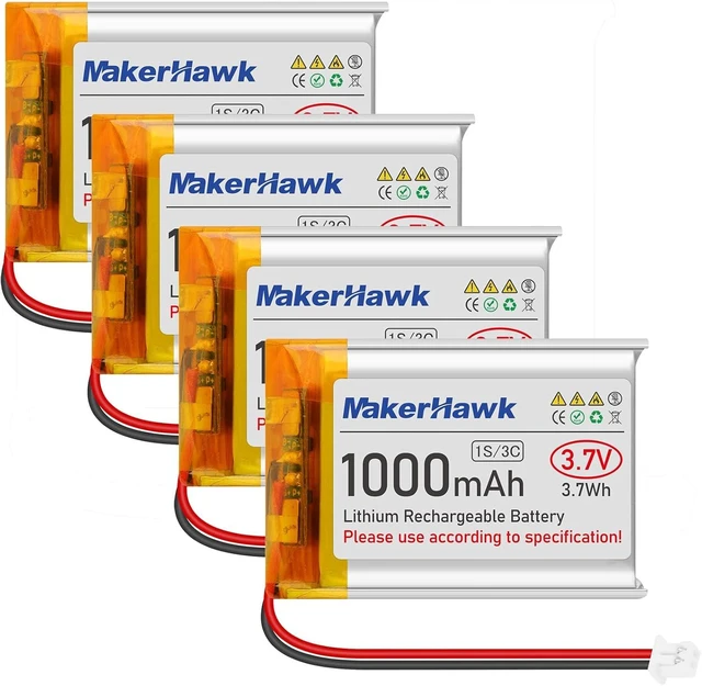 Main image of MakerHawk 3.7V Lipo Battery 1000mAh 803040 Rechargeable Lithium Polymer Battery with Micro PH1.25 Connector Integrated Protection Circuit for Electronic Device (4 Pcs)