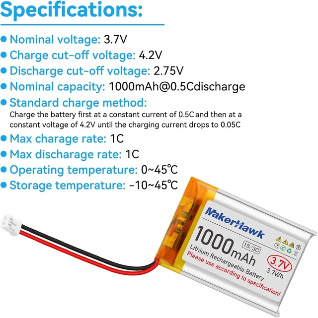 Alt view image 2 of 7 - MakerHawk 3.7V Lipo Battery 1000mAh 803040 Rechargeable Lithium Polymer Battery with Micro PH1.25 Connector Integrated Protection Circuit for Electronic Device (4 Pcs)