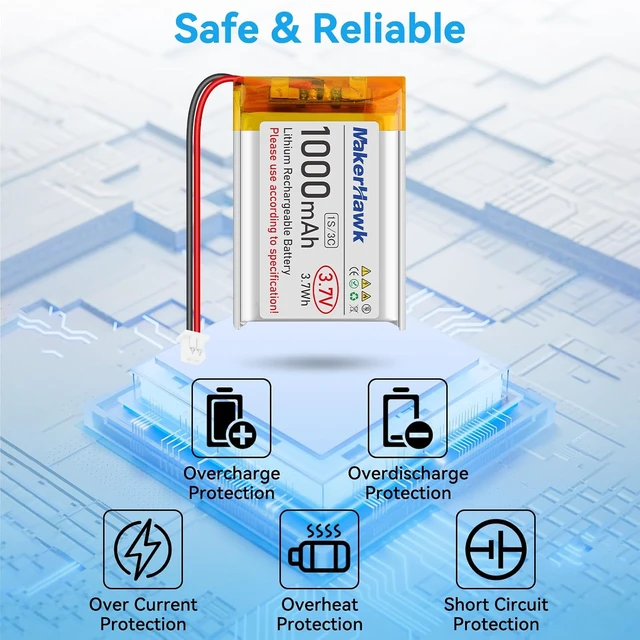 Alt view image 4 of 7 - MakerHawk 3.7V Lipo Battery 1000mAh 803040 Rechargeable Lithium Polymer Battery with Micro PH1.25 Connector Integrated Protection Circuit for Electronic Device (4 Pcs)