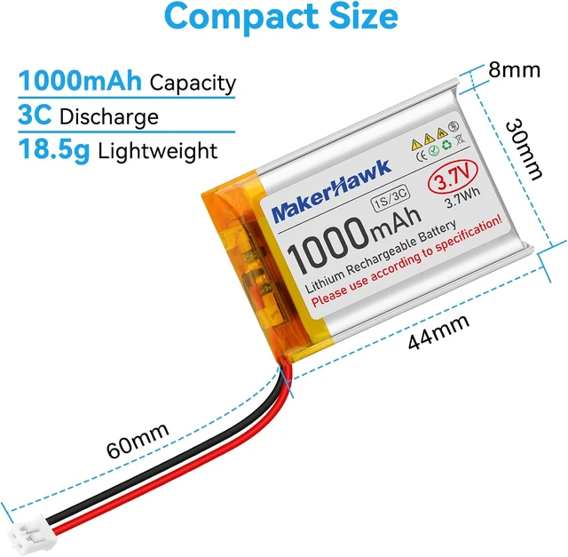 Alt view image 6 of 7 - MakerHawk 3.7V Lipo Battery 1000mAh 803040 Rechargeable Lithium Polymer Battery with Micro PH1.25 Connector Integrated Protection Circuit for Electronic Device (4 Pcs)