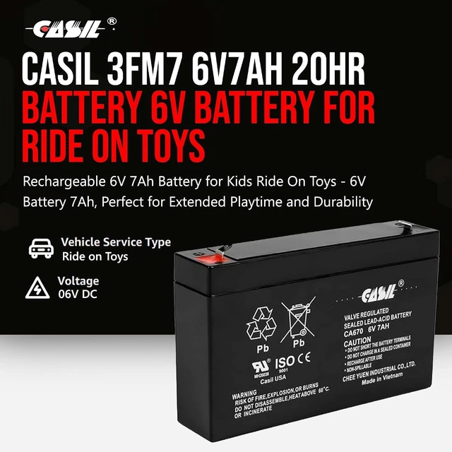 Alt view image 2 of 7 - Casil 3FM7 6V7Ah 20HR Battery 6v Battery for Ride On Toys - Enduring 3FM7 Rechargeable 6V 7Ah Battery for Kids Ride On Toys - 6V Battery 7Ah, Perfect for Extended Playtime and Durability