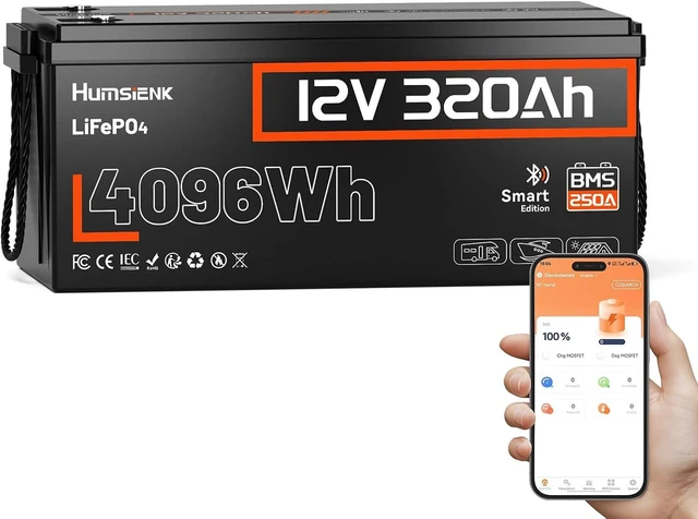Main image of HumsiENK 12V 320Ah LiFePO4 Battery with Bluetooth 4096Wh, 250A BMS