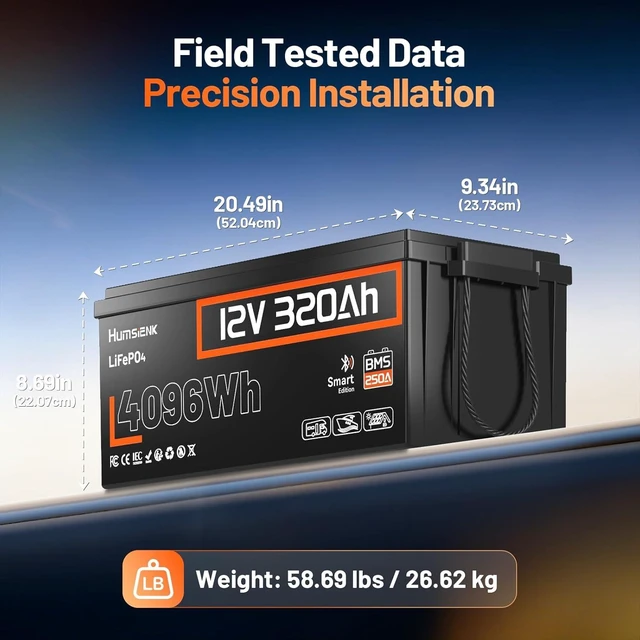 Alt view image 2 of 7 - HumsiENK 12V 320Ah LiFePO4 Battery with Bluetooth 4096Wh, 250A BMS