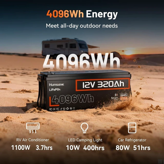 Alt view image 4 of 7 - HumsiENK 12V 320Ah LiFePO4 Battery with Bluetooth 4096Wh, 250A BMS