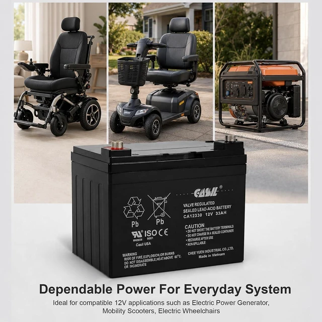 Alt view image 4 of 7 - Casil 12V 33Ah SLA AGM Battery 2 Pack Replacement for Jazzy Power Wheelchairs, Mobility Scooters, and Solar Storage Systems Deep Cycle Sealed Battery for 24V Applications