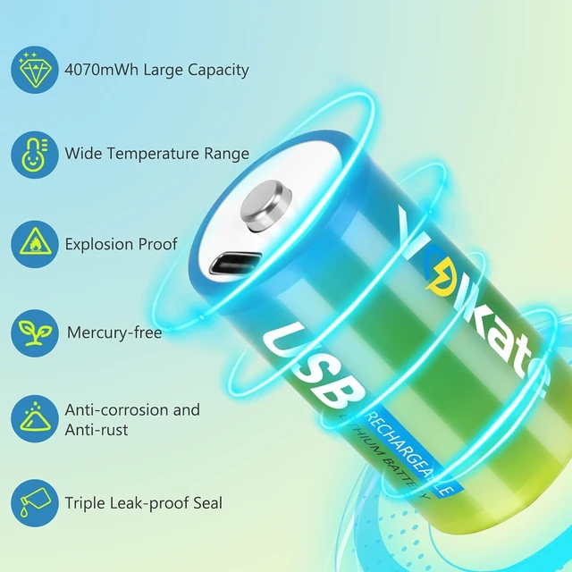 Alt view image 2 of 7 - 4 Pack USB Rechargeable 1.5V Lithium C Cell Batteries 4070mWh, 1200+ Cycles