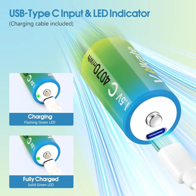 Alt view image 3 of 7 - 4 Pack USB Rechargeable 1.5V Lithium C Cell Batteries 4070mWh, 1200+ Cycles